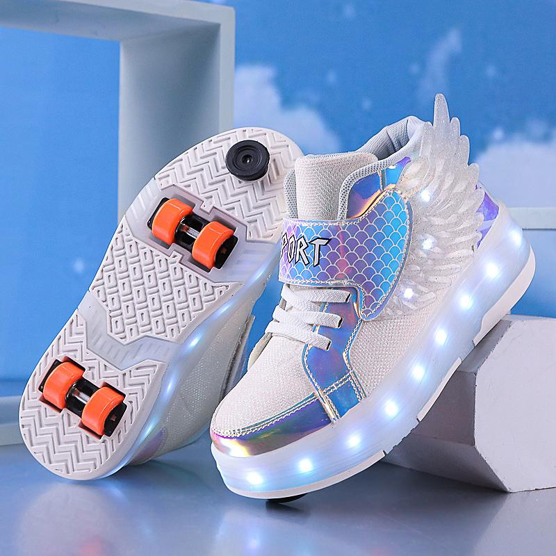 Kid's Four-wheel Detachable Flat Shoes Rechargeable LED Luminous Sports Shoes with Wings Children's Skates with Brakes Roller Skates sneakers