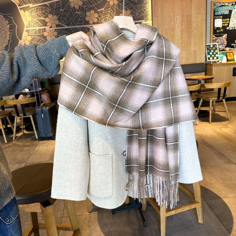 

Autumn and winter thickened scarf women s double-sided imitation cashmere warm scarf couple retro dotted grid atmosphere long style 65-180CM