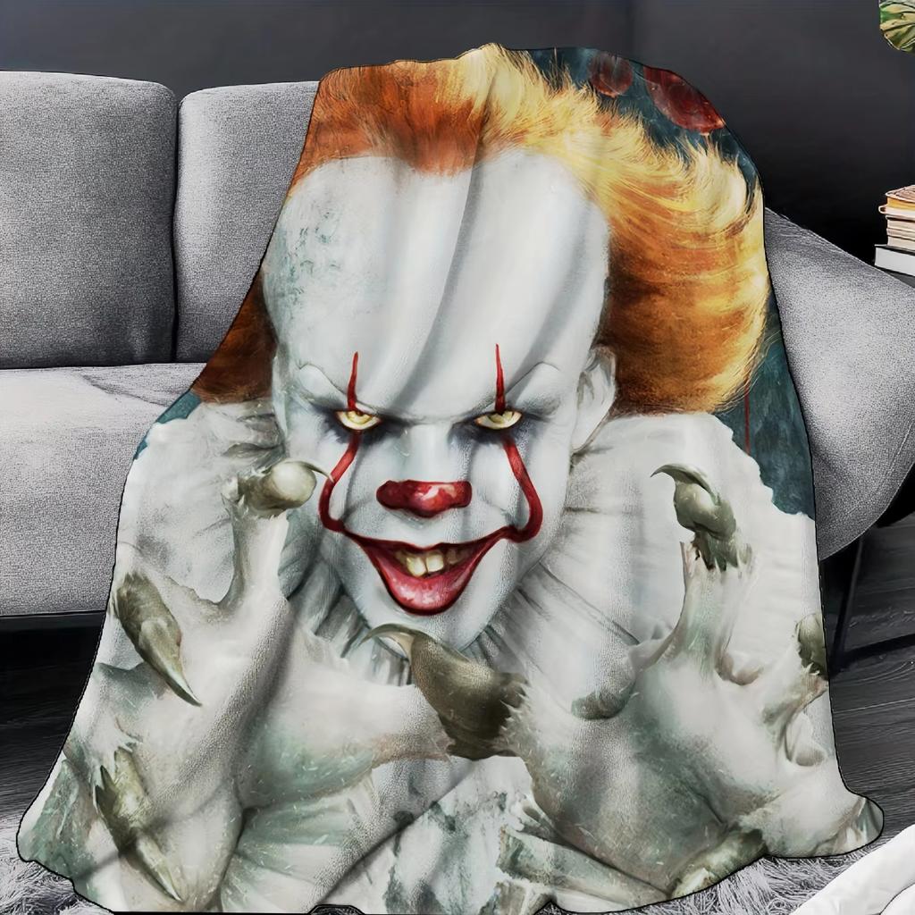 VIKAMA Clown Returns Pennywise Scary Cover Blanket Redhead Clown Bloodstained Smiley Dark Red Balloon Halloween Party Blanket