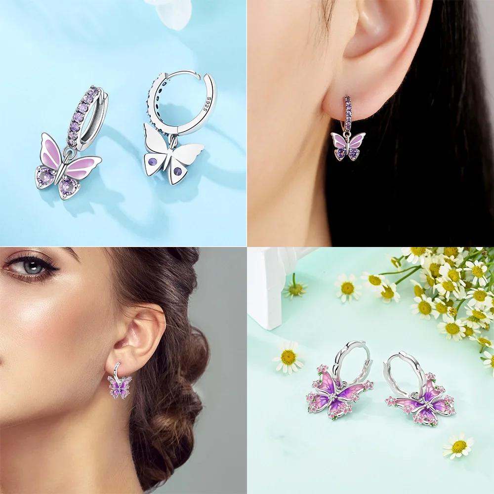 925 Silver Earrings Women Jewelry Butterfly Flower Pink Flowers Zircon Hoop Ear Studs Sparkling Earring Wedding Gift