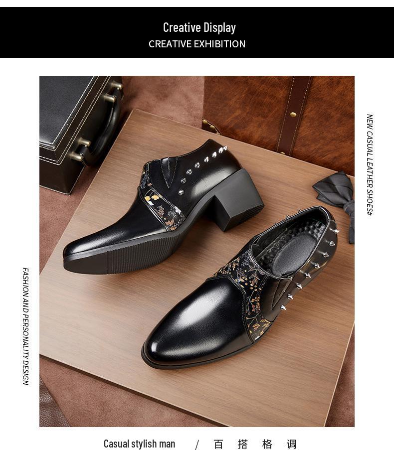 Men's Large Size Pointed Toe Leather High Heel Shoes - European American Fashion Rivet Cuban Style for Business and Casual Wear