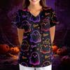 Women's Halloween Print V-Neck Short Sleeve Scrub Top with Pockets, Loose Fit