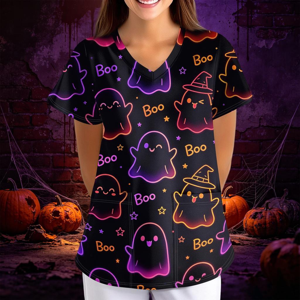 Women's Halloween Print V-Neck Short Sleeve Scrub Top with Pockets, Loose Fit