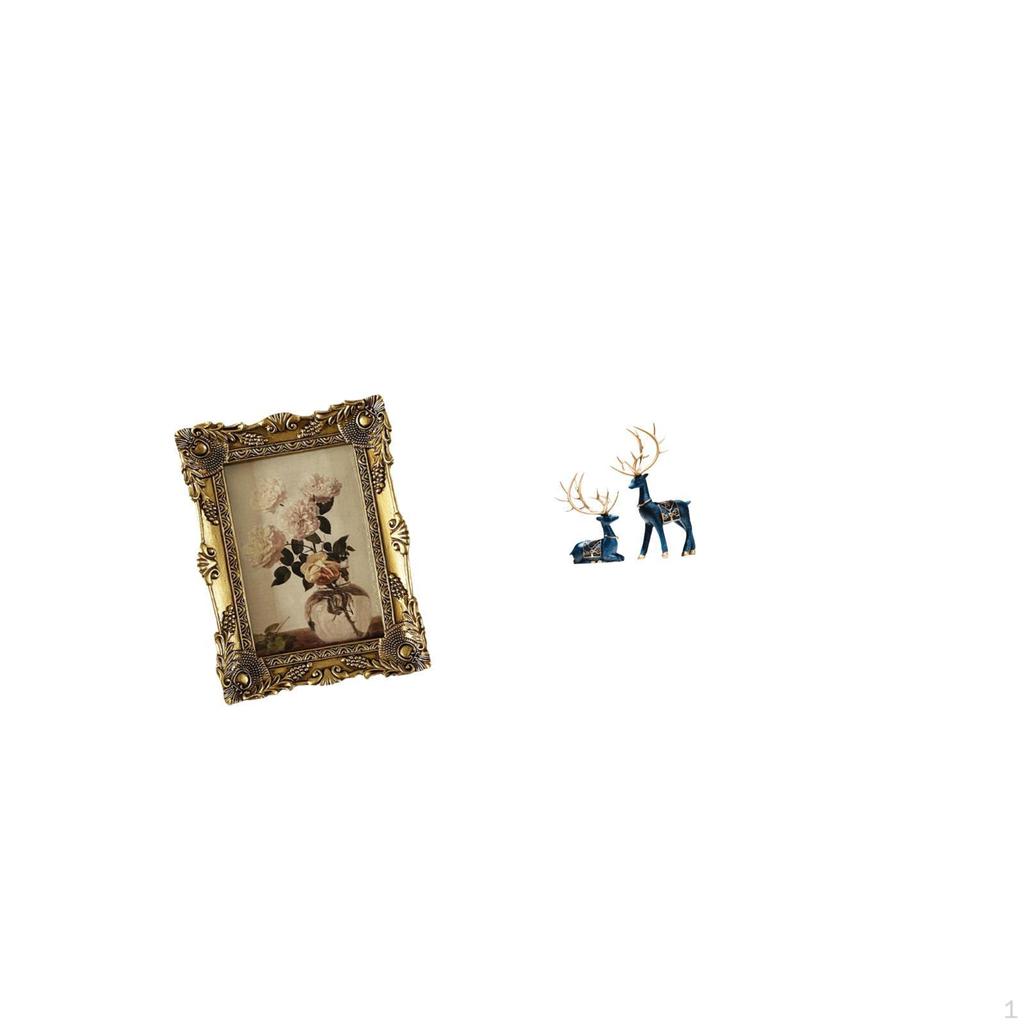 Vintage Resin Photo Frame And Reindeer Statue Set Ornate Picture Display with Deer Figurines for
