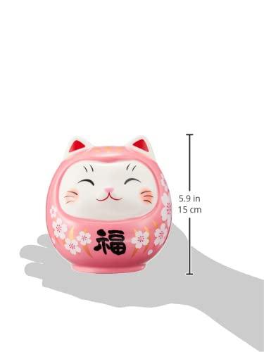 Yakushi Kiln, Colorful Lucky Cat Daruma Piggy Bank, Large, 14cm Tall, Cherry Blossom Design, 7820