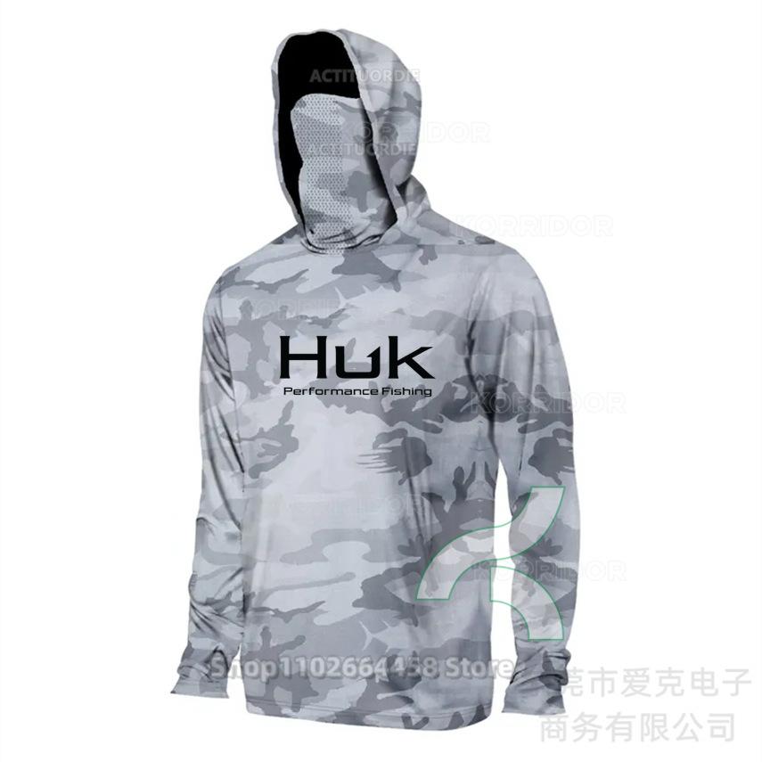 HUK fishing suit men's hoodie summer sun protection long sleeve fishing top with mask outdoor sports fishing shirt