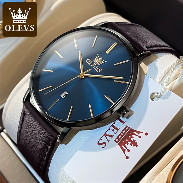 OLEVS 5869 Ultra Thin 6.5mm Minimalist Fashion Quartz Watch for Men Leather Strap Auto Date Male Waterproof Men's Wristwatches
