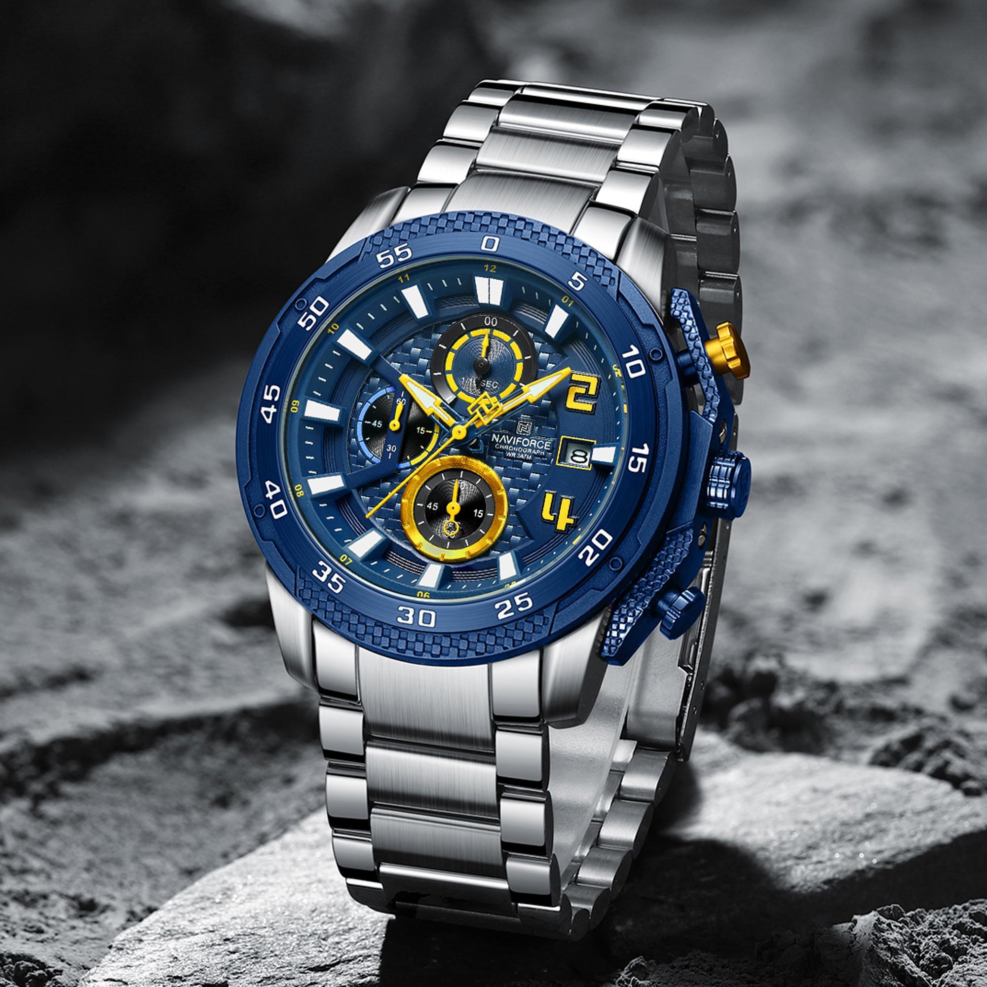 NAVIFORCE Мужские модные повседневные водонепроницаемые часы-хронограф из нержавеющей — фото 3