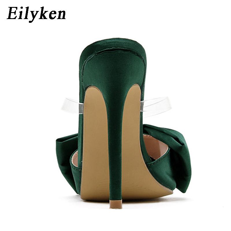 Fashion Eilyken Silk Butterfly-knot Slippers Women Sandals Pointed toe High Heels Mule Slides Party Shoes Zapatillas De Mujer