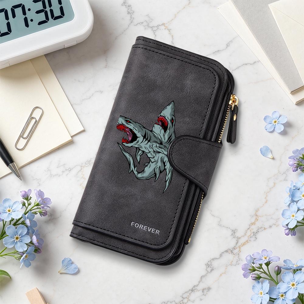 Gothic Double Shark Long Wallet Cool Dark Style Forever Printed Card Holder Fashion Portable Multi Slot Purse for Daily Use