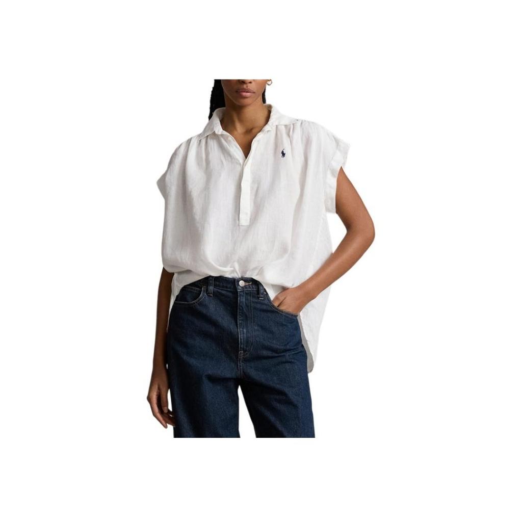 Polo Ralph Lauren SS24 Solid Point Collar Button Loose Short Sleeve Shirt Women shirts White WMPOSHTNDO20605-100