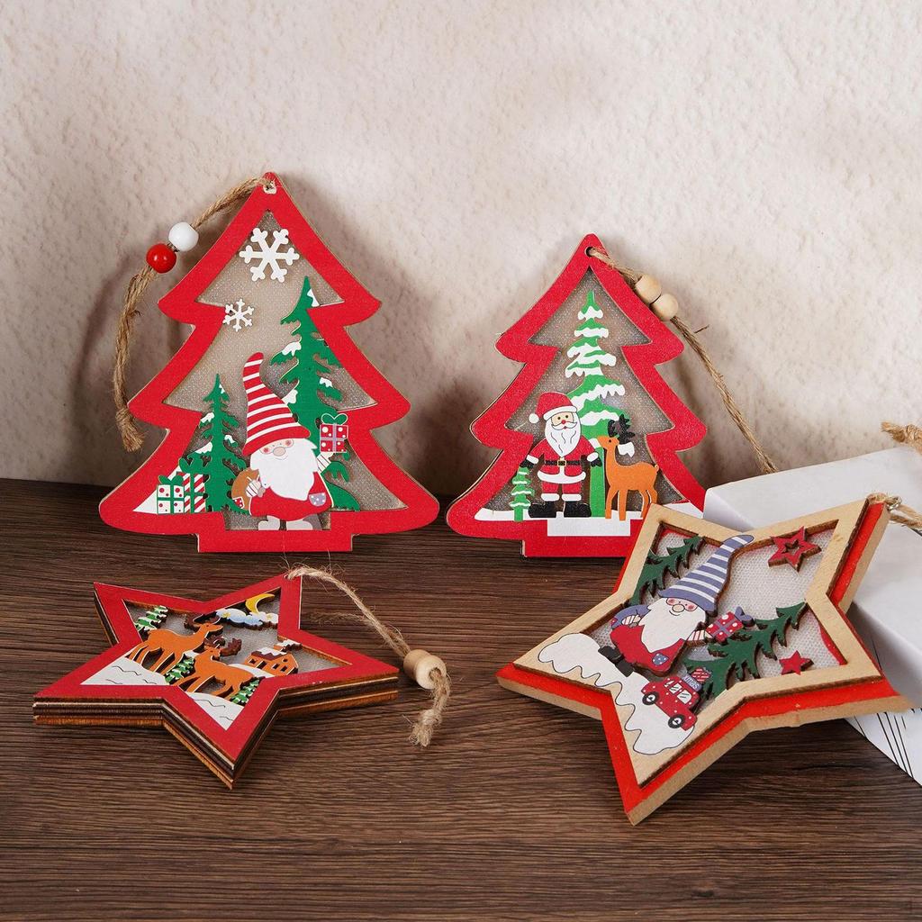 Wooden Christmas Hanging Decoration Accessories Rustic with Decorative Light Style A