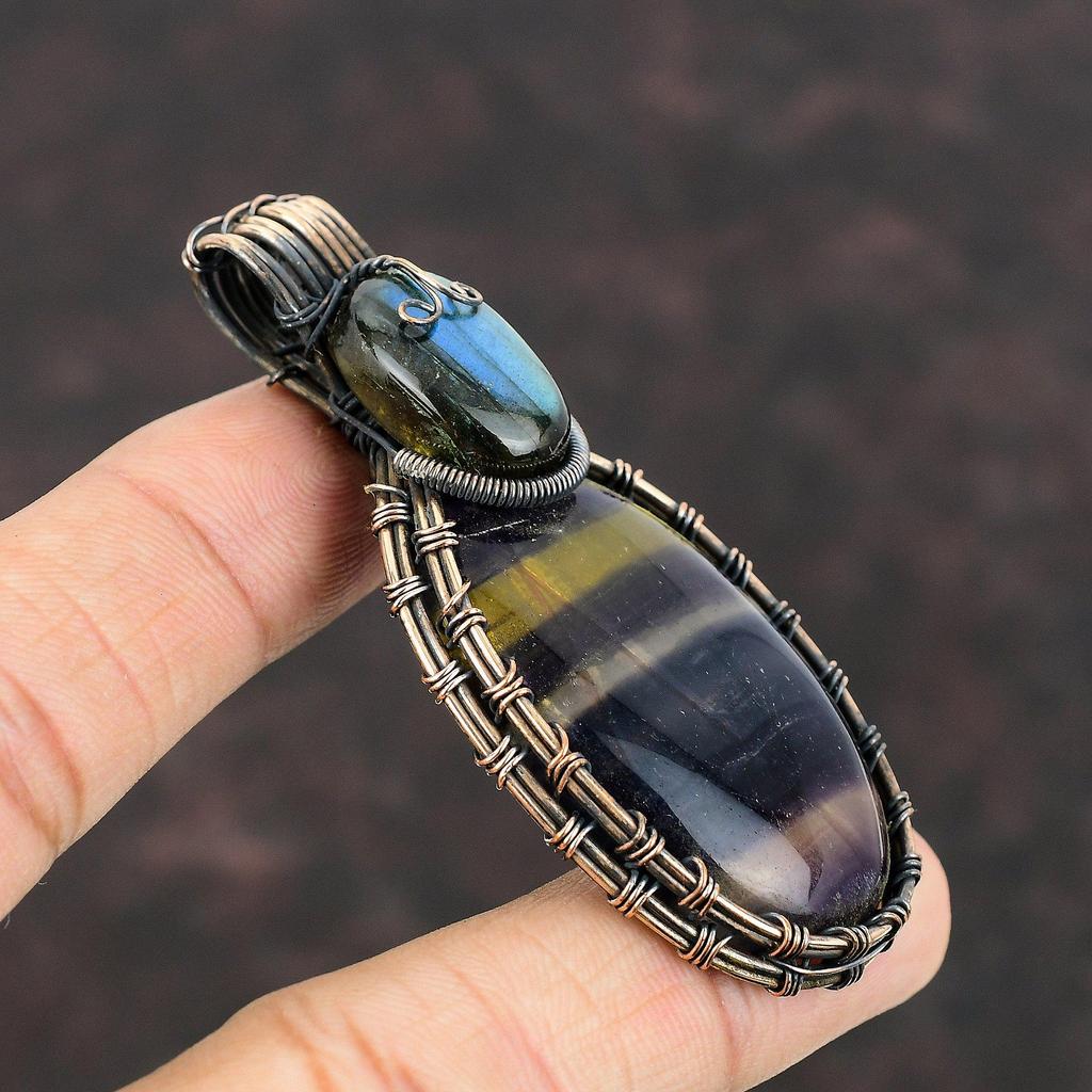 Multi Fluorite Copper Pendant Wire Wrapped Pendant Natural Gemstone Jewelry Labradorite Pendant Copper Jewelry Handmade Pendant Gift For Her