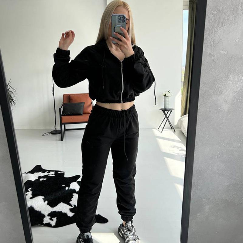 European and American Sports Women's Suit, Zipper Cardigan, Solid Color Top, Long Lace-up Casual Pants Two-piece Set