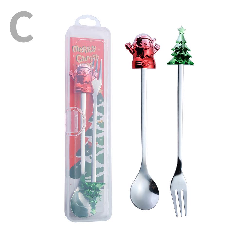Cartoon Santa Claus Christmas Tree Coffee Dessert Spoon & Fork Gift Set