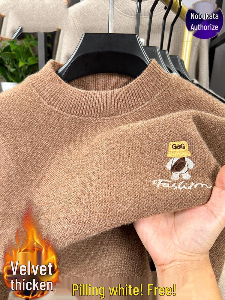 Men's Anti-Pilling Sweater with Fleece, Half-High Collar, New Embroidery, and Warm Knit Base Layer