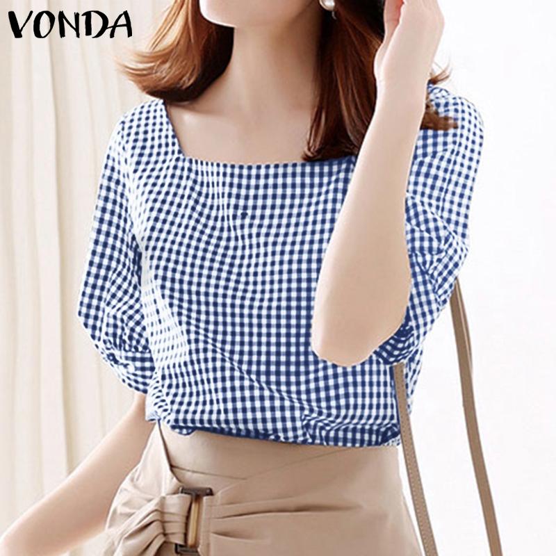 

Летняя женская блузка VONDA с ​​короткими пышными рукавами и квадратным воротником, клетчатые топы