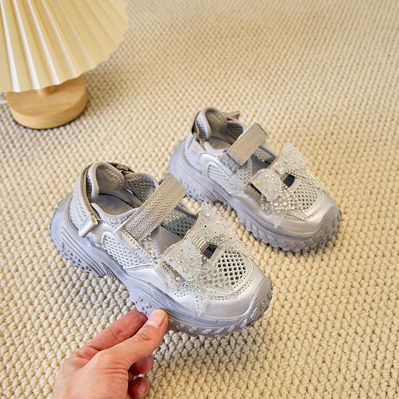 Kids Sports Sandals Casual Mesh Breathable Girls Princess Shoes Shiny Lace Bow 2025 Summer Children Running Shoes Non-slip Trend