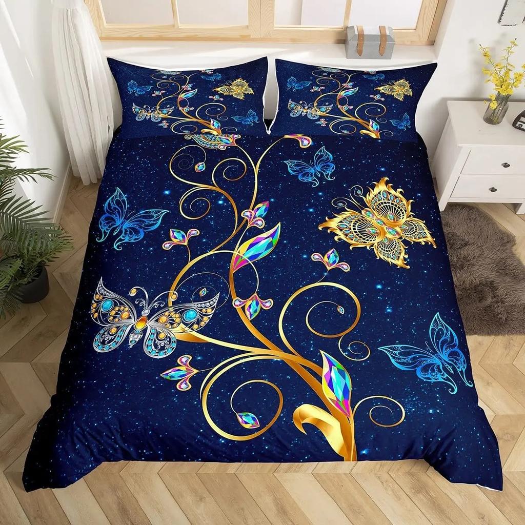 Gold Buterfly Soft Duvet Cover Set Musical Note Beding Set Microfiber Star Warm Comforter Cover Twin Quen for Children Kids Girl Ten Rom Decor