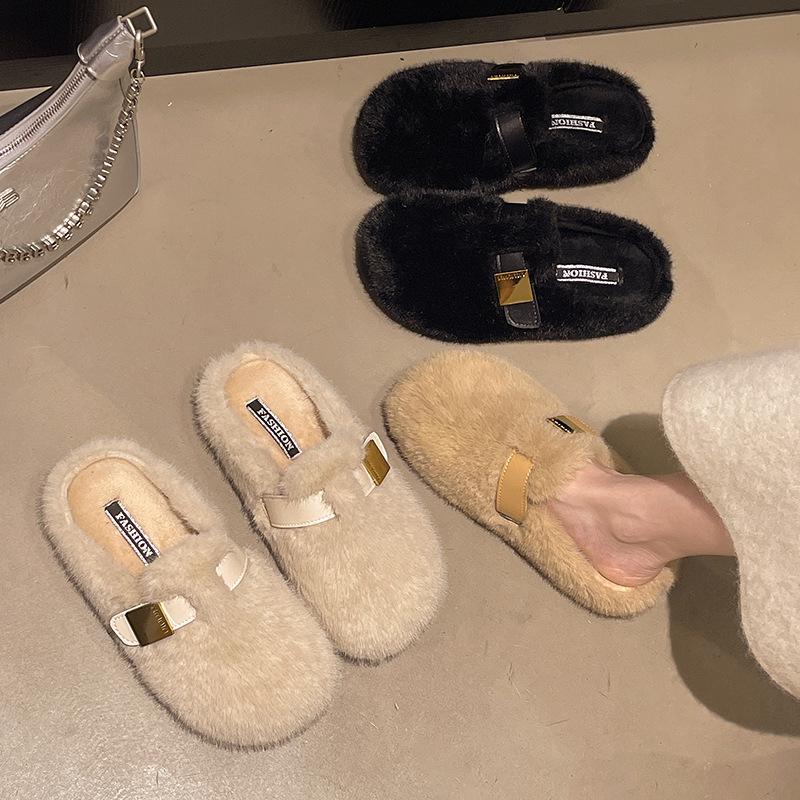 Plüsch Plüschtasche Kopf Halbschuhe Damen Herbst- und Winterbekleidung 2025 neue faule Doudou-Schuhe ohne Absatz Baumwollmopp