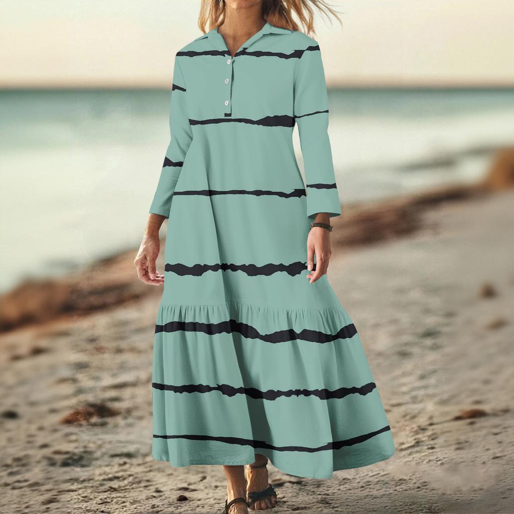 Women's Fashionable And Elegant Autun And Winter Button-down Lapel Long-sleeved Printed Dress