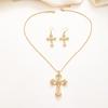 European & American Retro Full Diamond Cross Necklace & Earrings Set