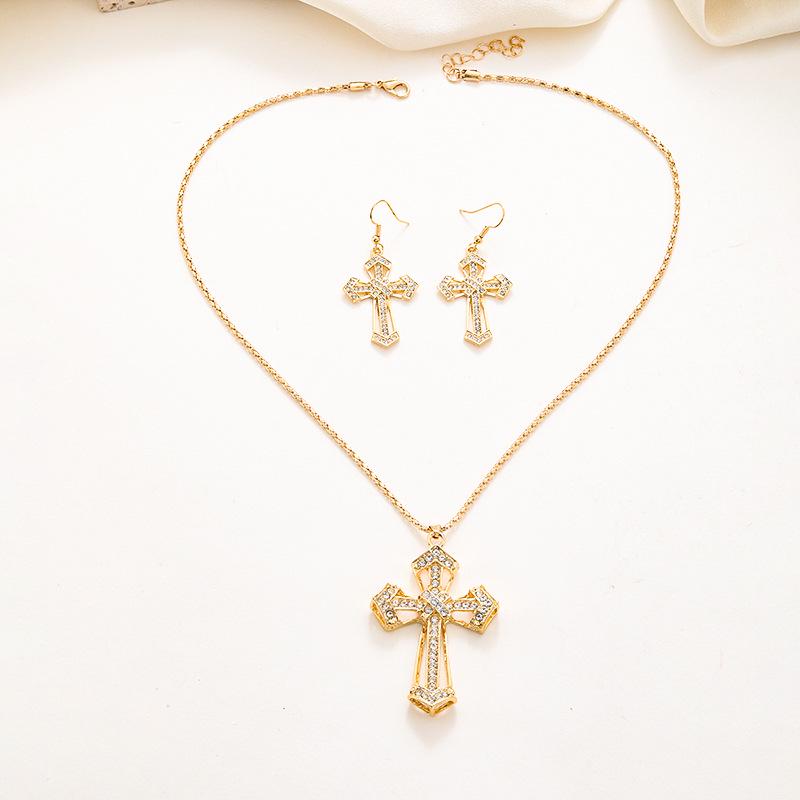 European & American Retro Full Diamond Cross Necklace & Earrings Set