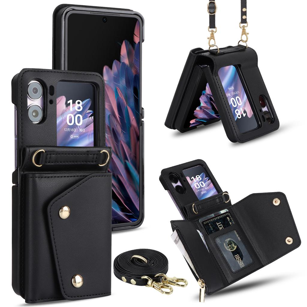 Multi-functional Crossbody Leather Zipper Wallet Cards Solt Case For OPPO Find N2 Flip 5G  Long Rope Lanyard Card Bag RFID Cover