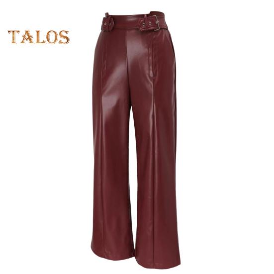 Women Flared Pants Slim High Waist Loose Pockets Faux Leather Elastic Waist Wide Leg Streetwear Solid Color Trousers for Work Leisure Daily Wear