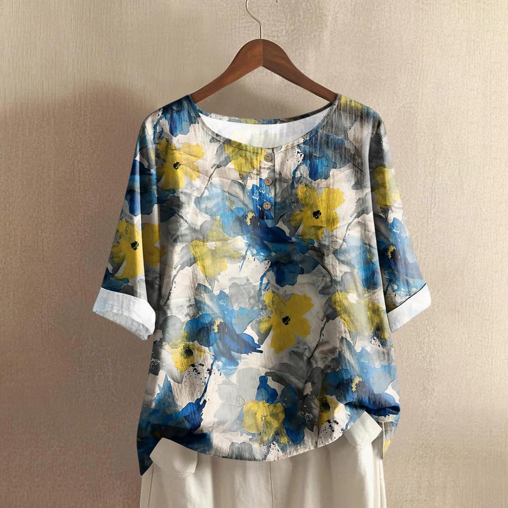 Women's Casual Mid-sleeve Round Neck Retro Floral Print Cotton And Linen Top