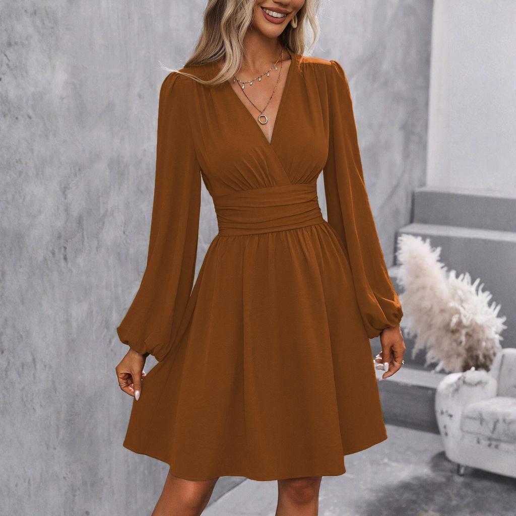 Women's Fashionable Solid Color V Neck Long Sleeved Pleated Versatile Dress