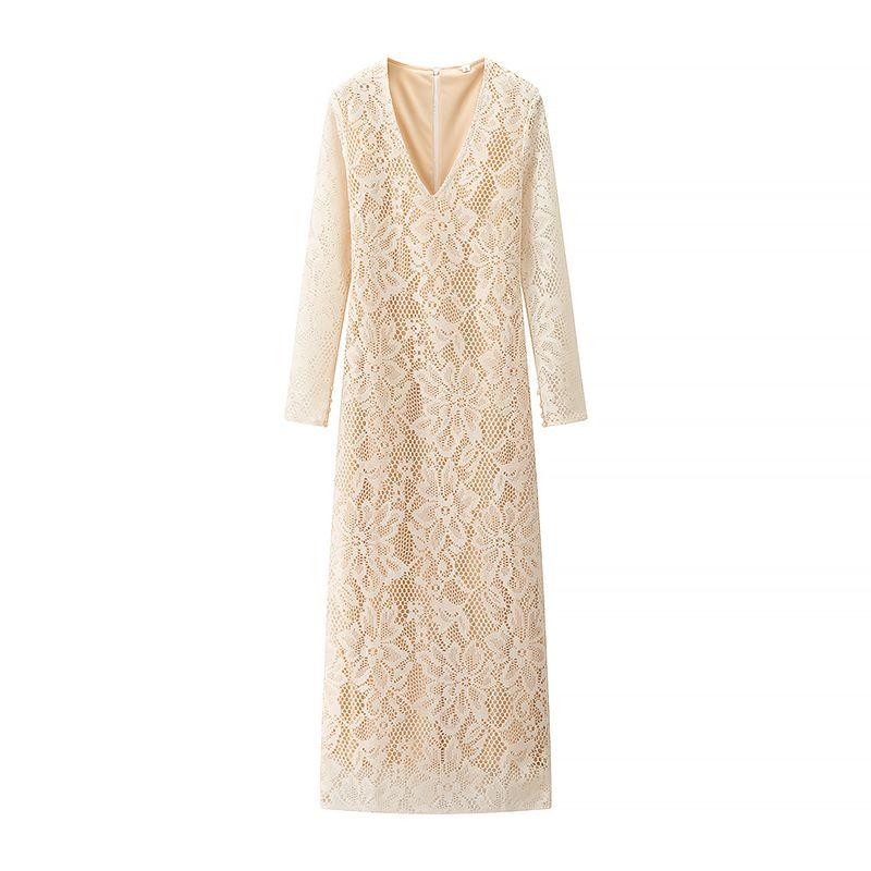 Kaslead New Women Clothes Western Style Fashion Slim Fit Sexy Yellow Lace Long Dress