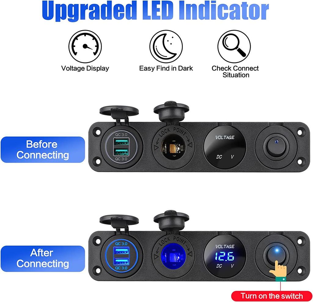 4 In 1 Panel Dual QC 3.0 USB Car Charger Power Outlet Voltmeter Cigarette Lighter Socket Switch for Car Marine Boat RV Truck