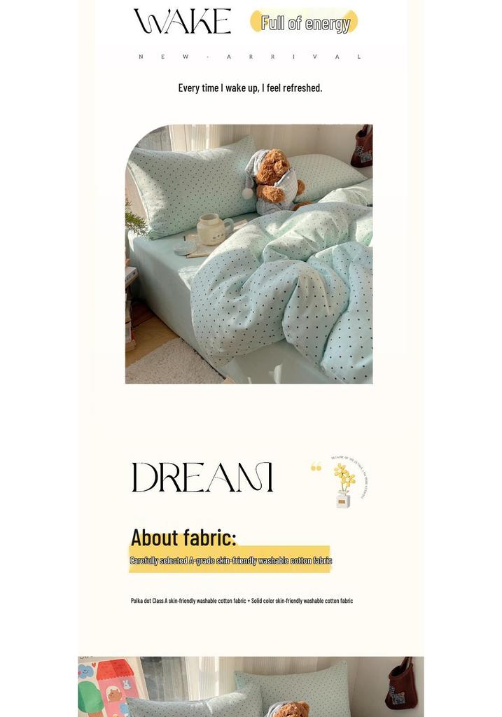 Korean Style Polka Dot Cotton Bedding Set - Student Dormitory A-Class, Skin-Friendly, 3-Piece