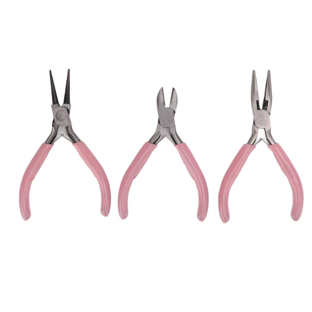 3Pcs Pink Jewelry Pliers Round Needle Diagonal Nose Carbon Steel Sturdy Durable Pliers Set for Crafts DIY
