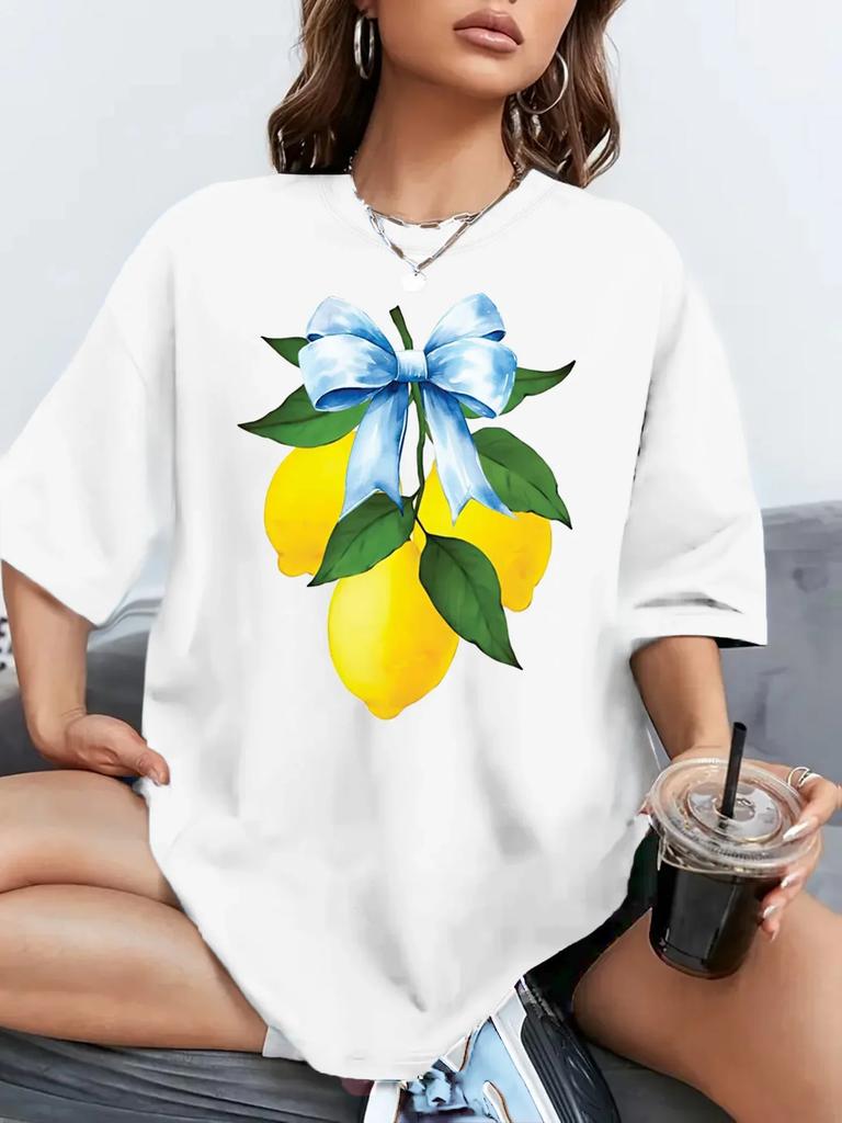 Lemon Print Womens Casual T Shirt Summer Womens TShirt Original Design Fashion Blowknot Soft Round Neck Short Sleeved Tops