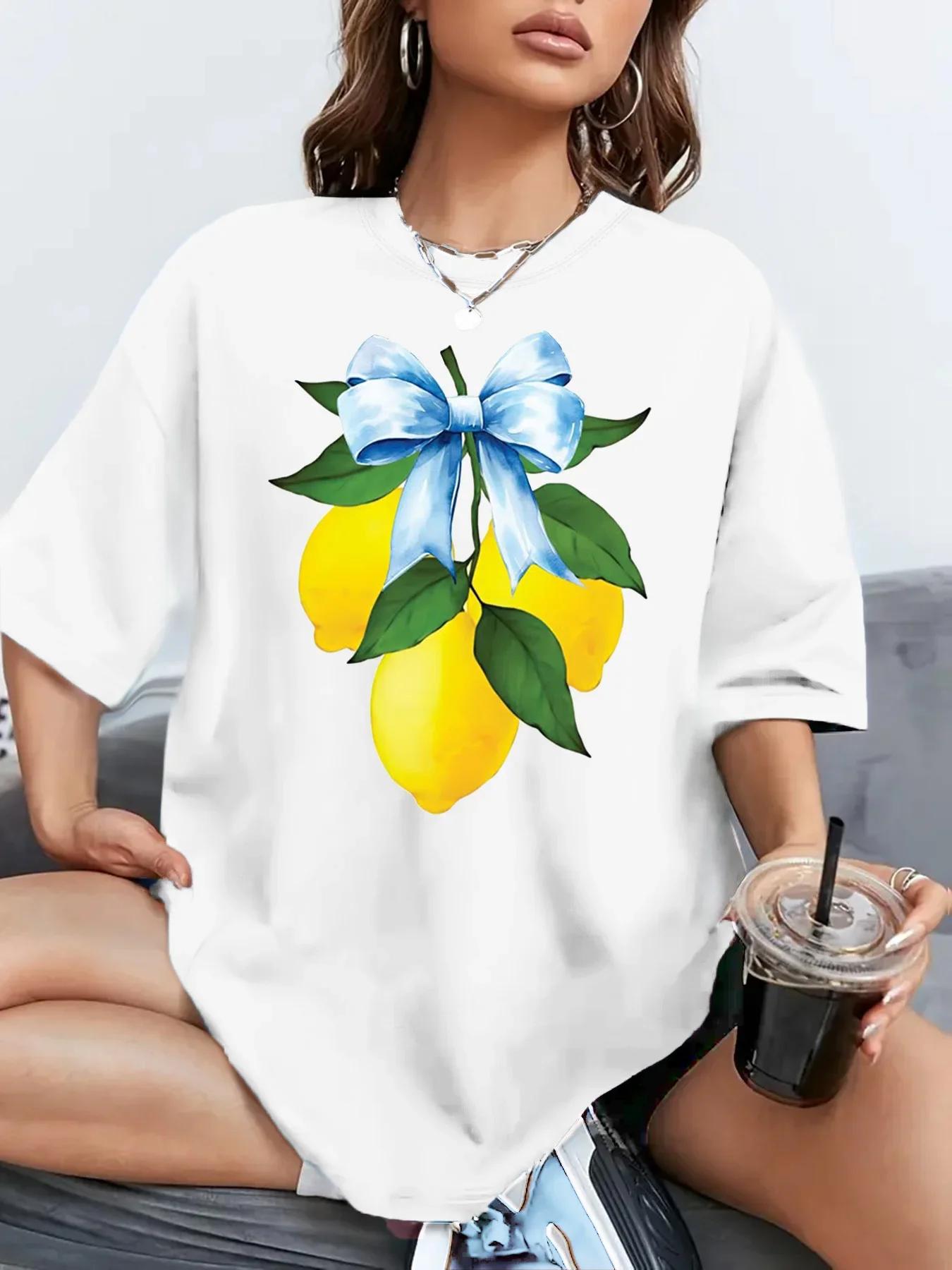 

Lemon Print Womens Casual T Shirt Summer Womens TShirt Original Design Fashion Blowknot Soft Round Neck Short Sleeved Tops S