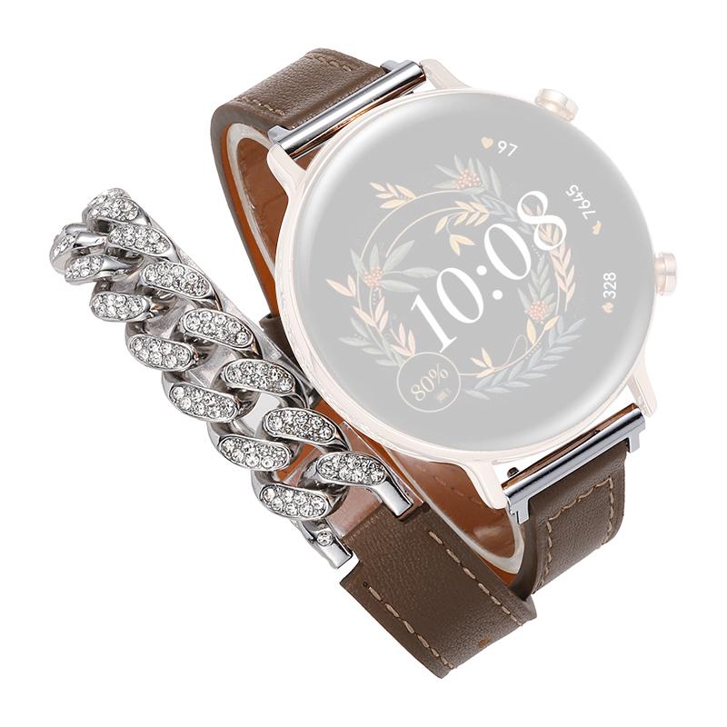 

22mm Universal Smart Watch Band Bling Rhinestone Genuine Cow Leather+Chain Strap Replacement Dark Brown