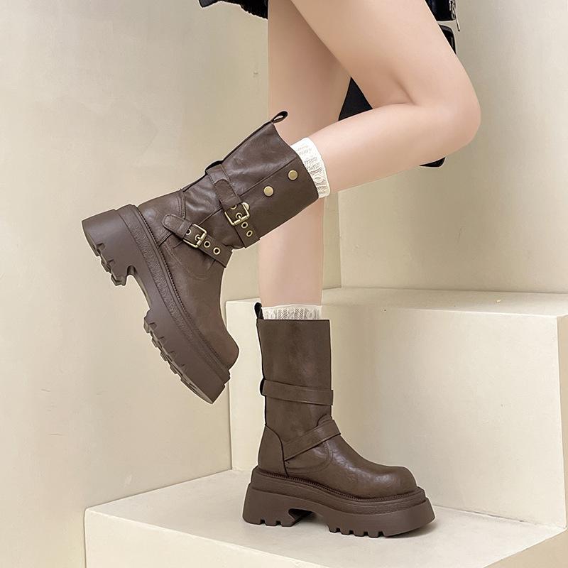 Fashion Versatile Platform Leather Boots Increase the Height of Two Wear Martin Boots Women's Autumn and Winter Retro Buckle Knight Boots Locomotive