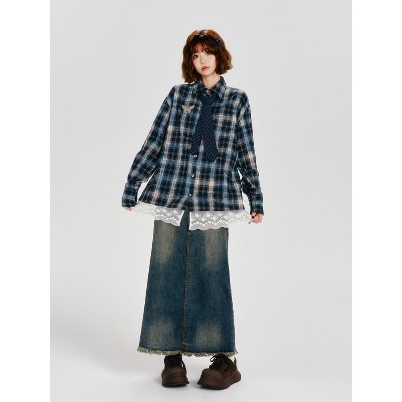 Plaid Lace Women Shirt Long Sleeved Patchwork New Blouse Autumn Loose American Style Woman Trendy Shirts