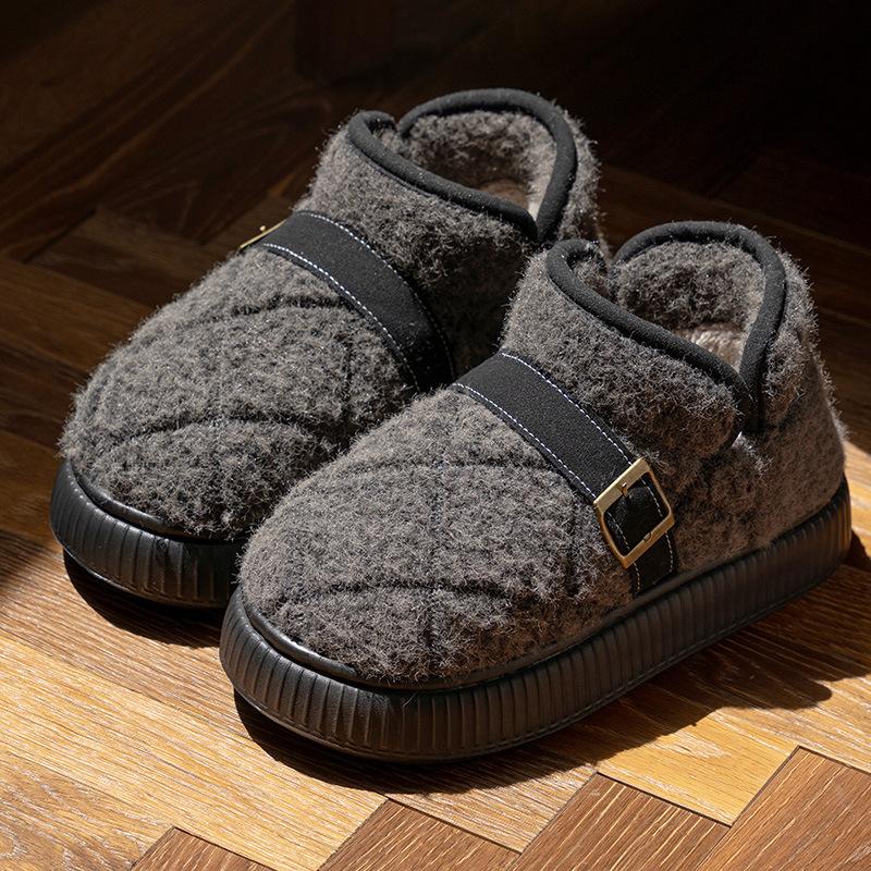 New Thick-soled Heightening Light Luxury Plaid All-inclusive Heel Cotton Shoes Autumn and Winter Velvet Warm Versatile Commuter Cotton Shoes