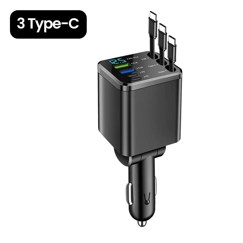 

7 in 1 Retractable USB Car Charger Fast Charging Car Phone Charger For iPhone Samsung Xiaomi Type C Digital Display Car Charger For 3 Type C