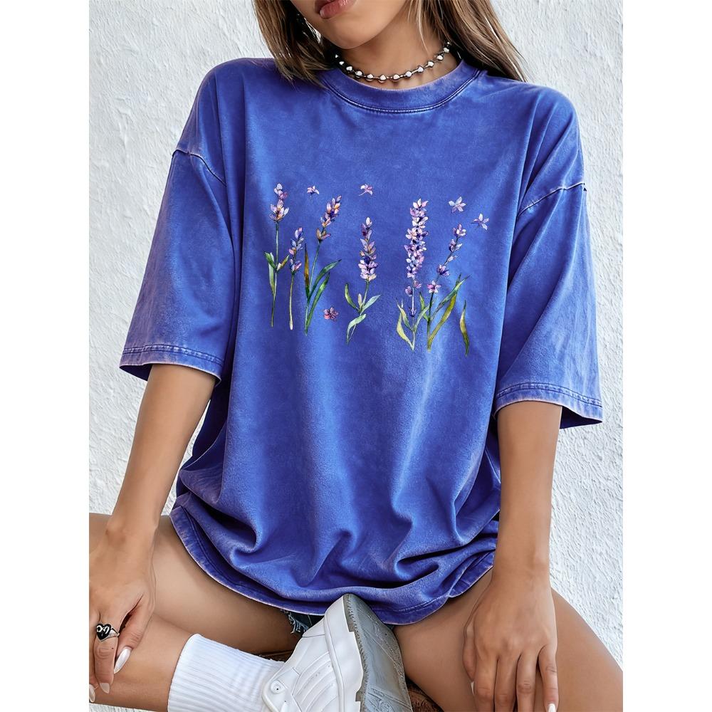Fresh Lavender Flowers Printing Washed T-Shirts Womens Cotton Short Sleeve Tops Street O-Neck Oversize T Shirts Summer Clothes