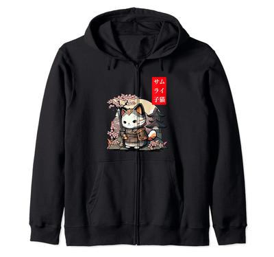 Japanese Backdrop Samurai Cat Cool Anime and Cute Fan Zip Hoodie