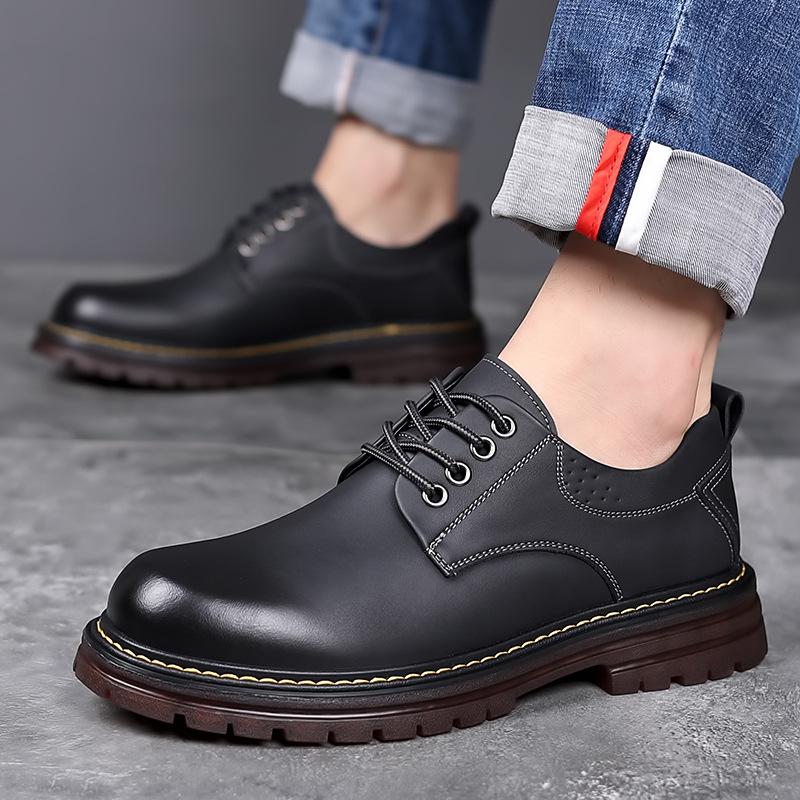Men's Leather Thick-Soled Casual Derby Shoes for Spring/Autumn - Formal Black Low-Top Martin Boots