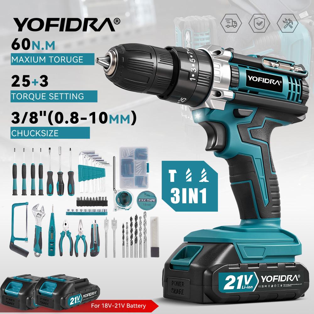Yofidra 60N.M L 25+3 Torque Electric Impact Dril Cordless Electric Screwdriver With 32/53PCS Tool Kit Power Tool For 21V Battery