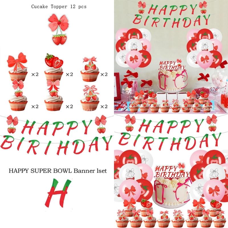 Reusable Strawberry Ribbon Birthday Party Banners Paper Plastic Decoration Cake Insert Balloon For Kids Adults
