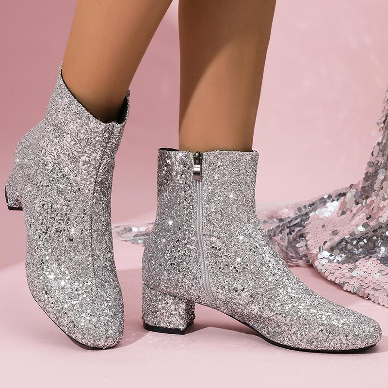 Fashion Women's Sparkling Silvers Glitter Ankle Boots Fashion Chunky Mid Heel Zipper Short Boots Women Round Toe Plus Size Botas Mujer