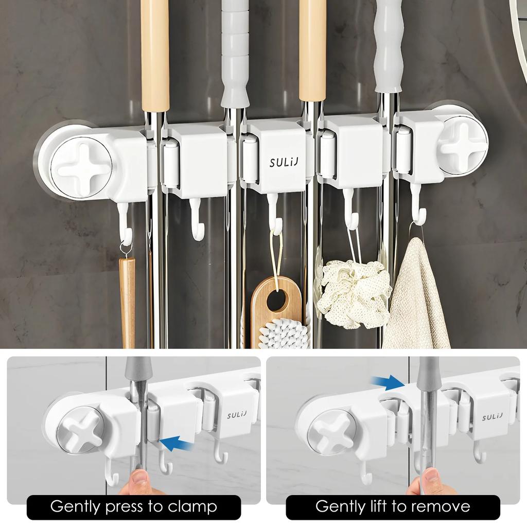Broom Hook Holder Wall Mount Mop Organizer Vacuum Suction Cup Broom Hanger with 4 Racks and 5 Hooks Kitchen Bathroom Accessories