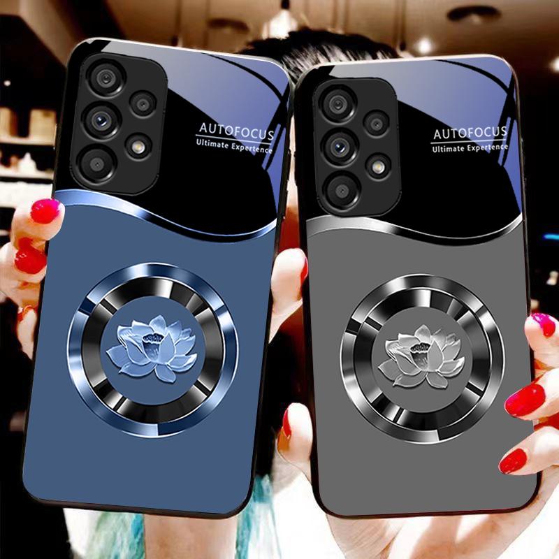 Circle Lotus Gold For Samsung Galaxy S 8 9 10 20 Plus 21 FE 22 23 24 Ultra S7 Edge Black Tempered Glass Phone Case Hard Shell